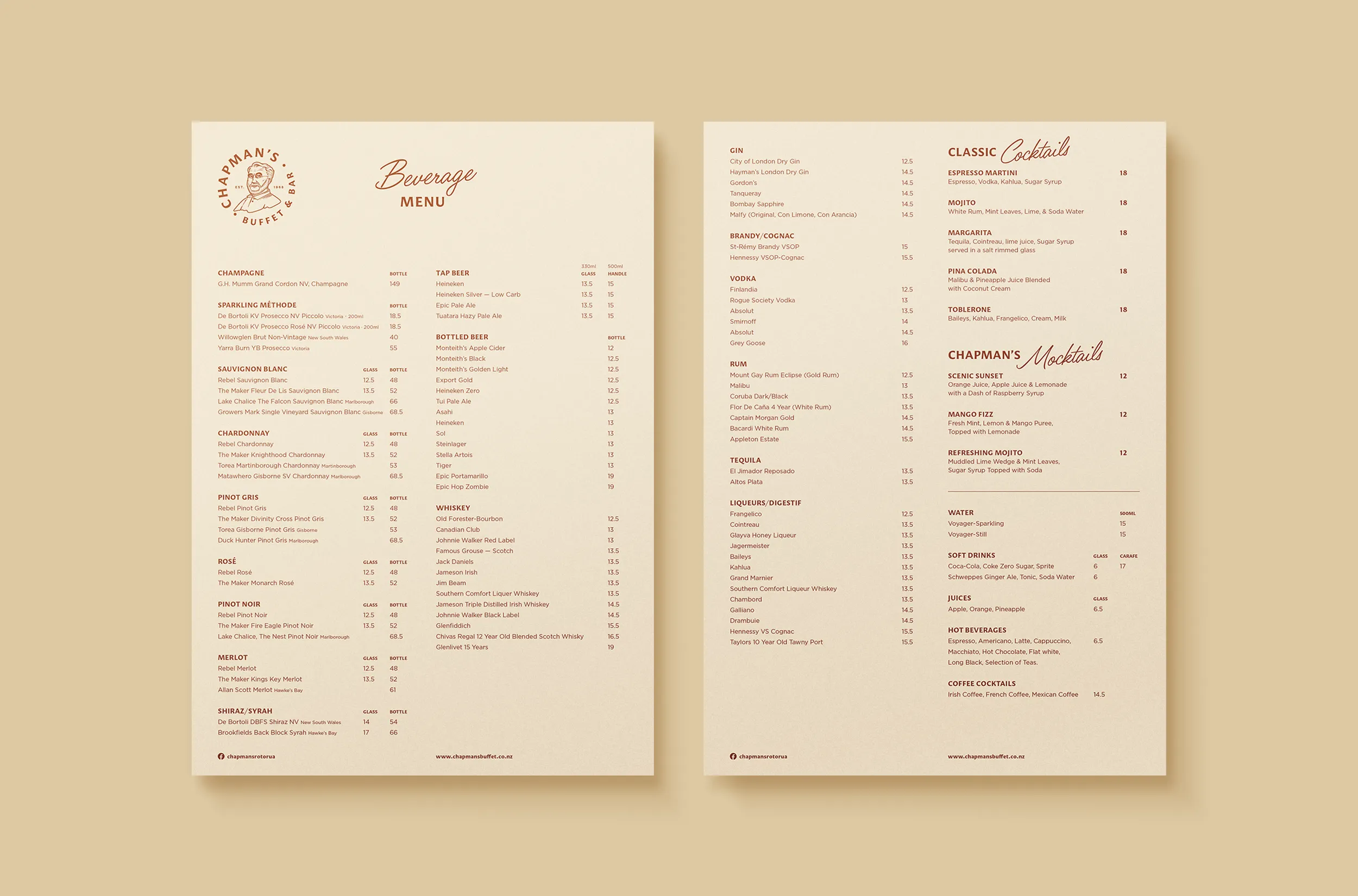 Chapman's beverages menu — Sinclair Creative Agency