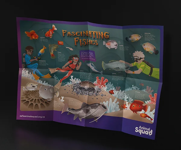 Fold out poster showing marine life for Safe Animal Squad by Sinclair Creative Agency
