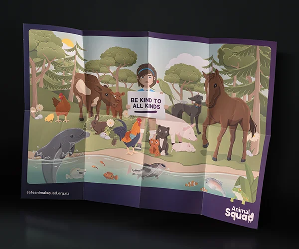 A2 Foldout illustrated poster for Animal Bites newsletter for Safe Animal Squad by Sinclair Creative Agency