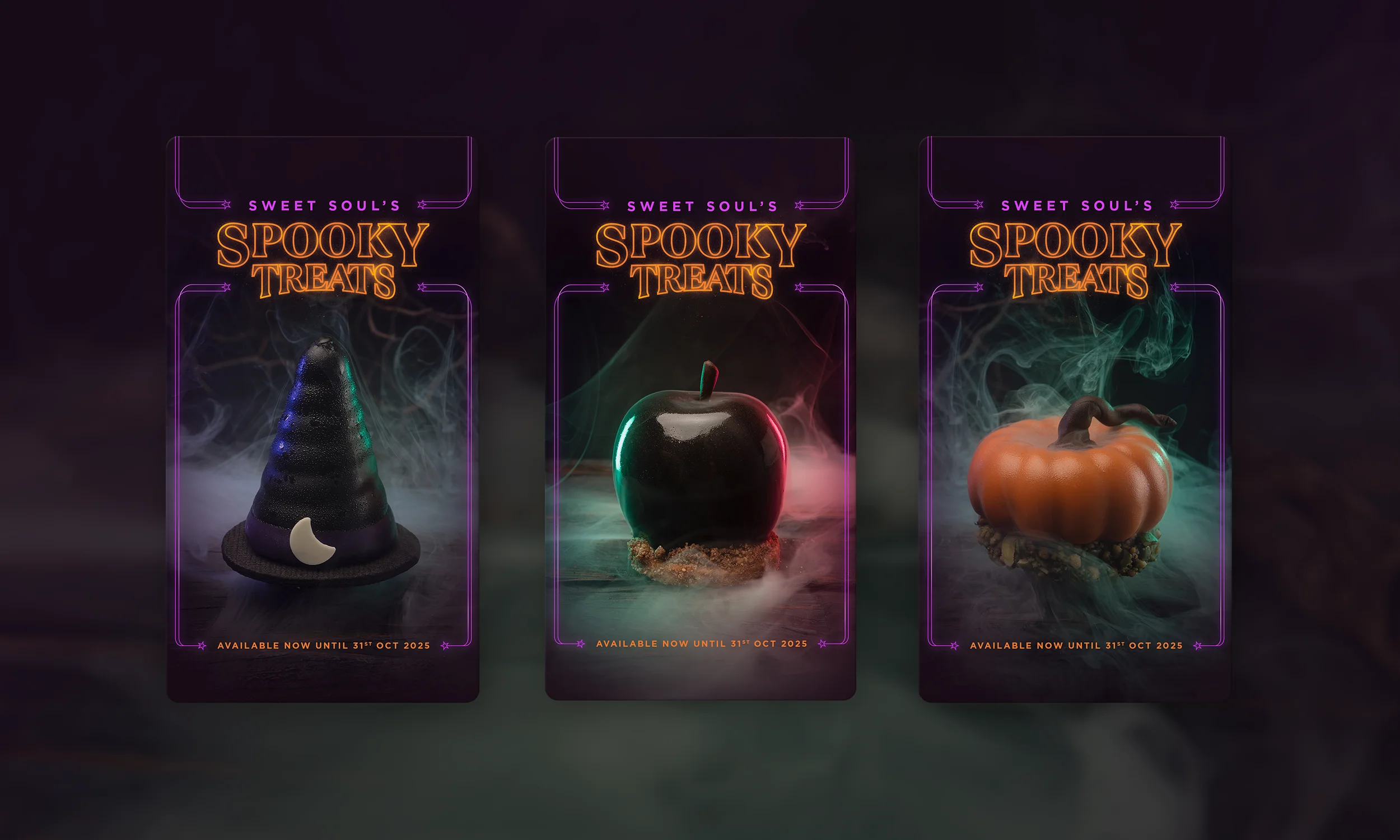 Halloween cakes photographed with smoke and designed for social media content by Sinclair Creative