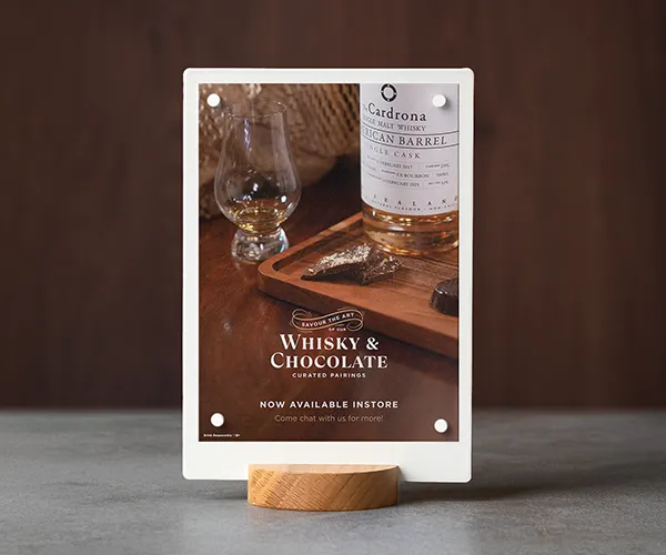 Sweet Soul Patisserie table talker Whisky & Chocolate Pairing design by Sinclair Creative